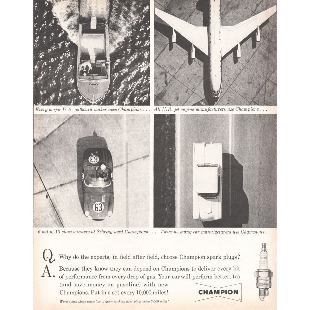 1960 Champion Spark Plugs Vintage Print Ad Wood Boat Delta Air Lines Jet Art